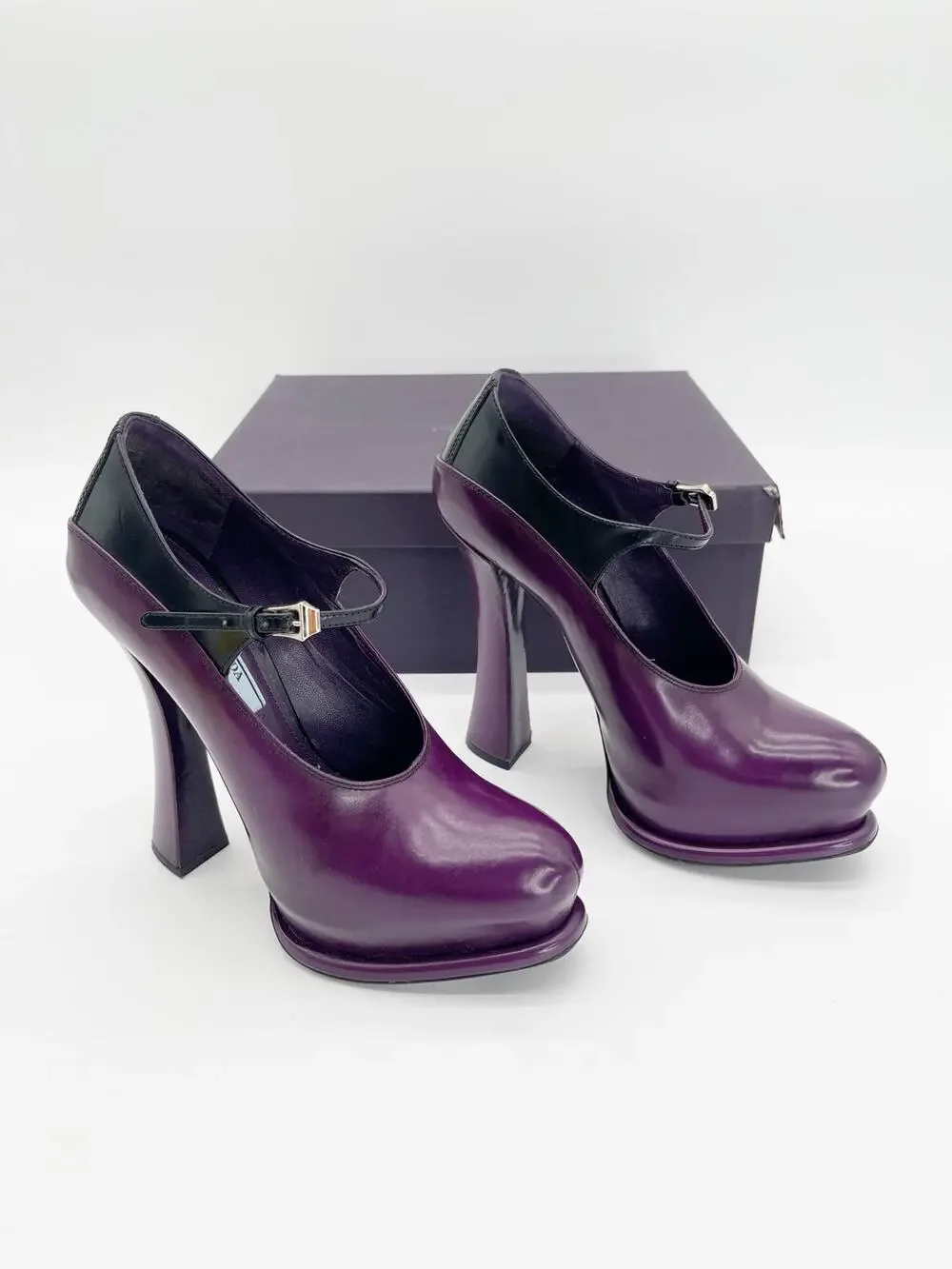 Prada Fall 2012 Runway Purple Black Leather Mary Jane Platform Pumps Heels IT 37